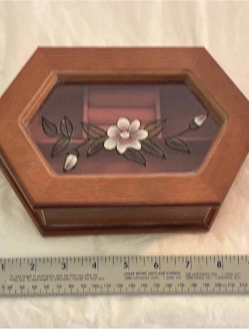 Amanda Smith Wooden Jewelry Box with Pink Lining and Stained Glass Lid